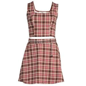 MADDEN NYC Pink & Brown Plaid Tank Top & Skirt Set with Chain Belt